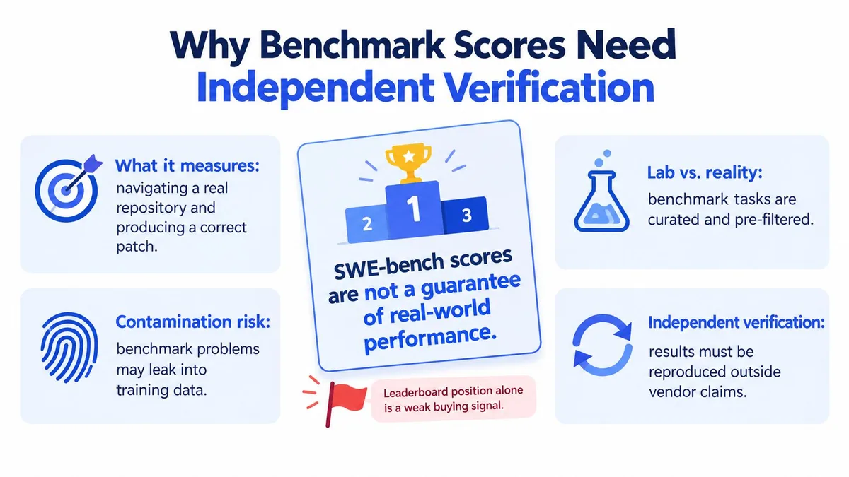 An infographic explaining why independent verification of SWE-bench scores is necessary for evaluating agentic coding tools.