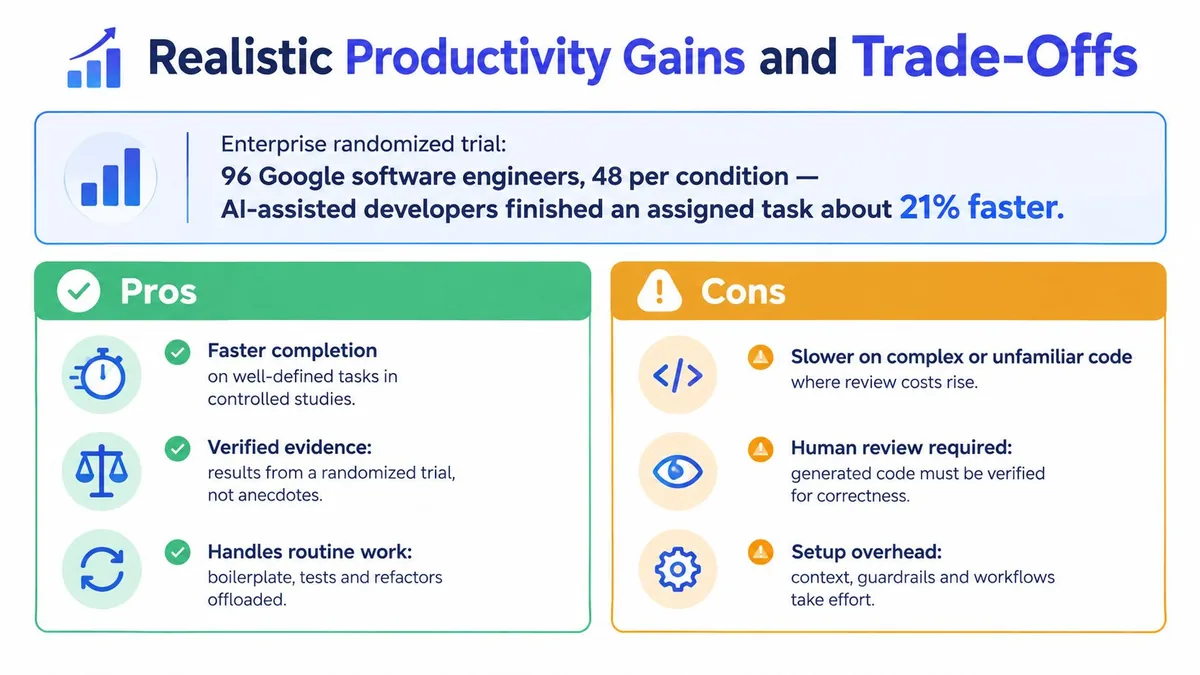 An infographic showing the productivity pros and cons of using AI-assisted coding tools for software engineers.