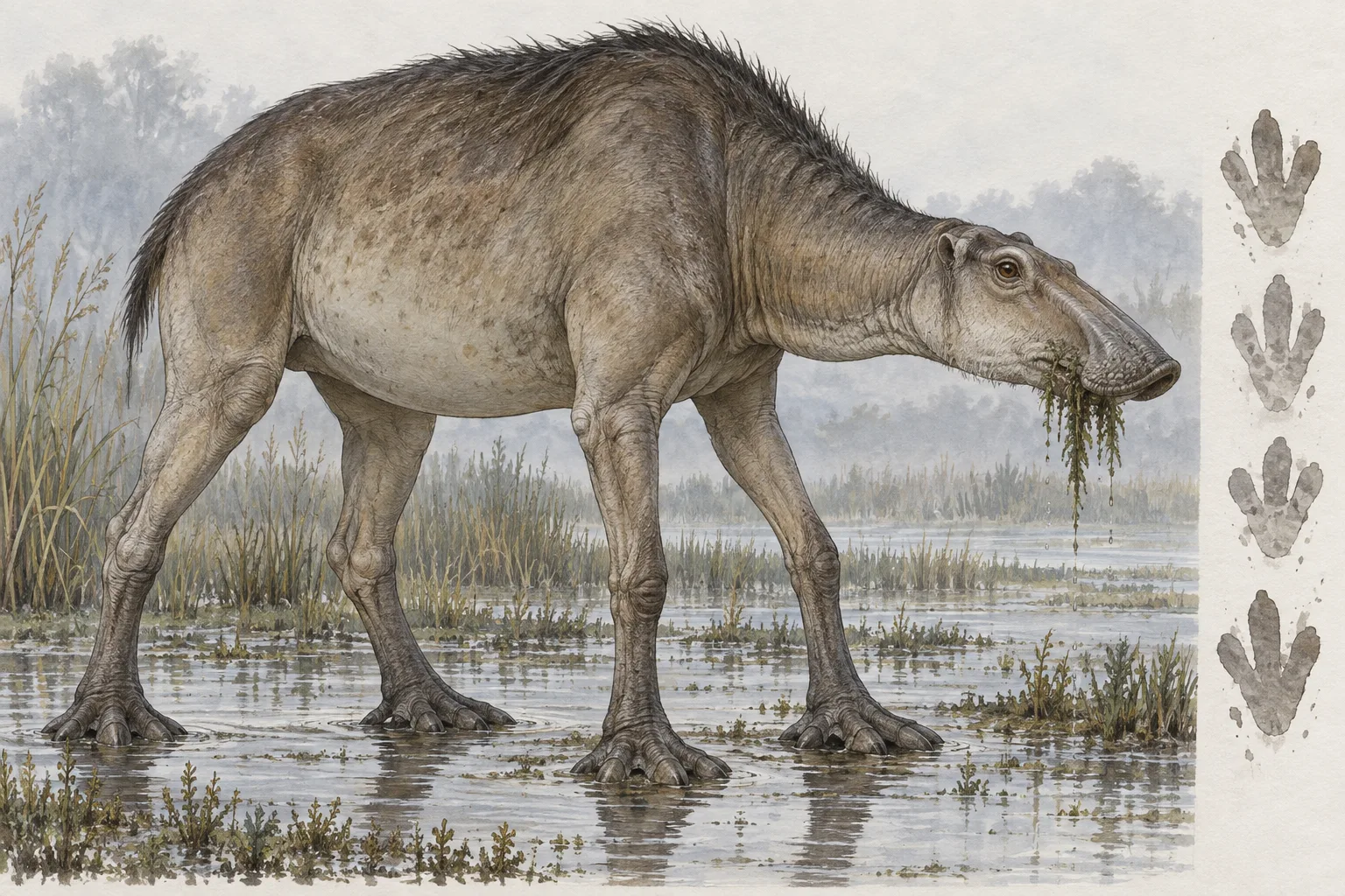 Watercolor concept of a four-legged marsh creature with broad feet and footprint studies