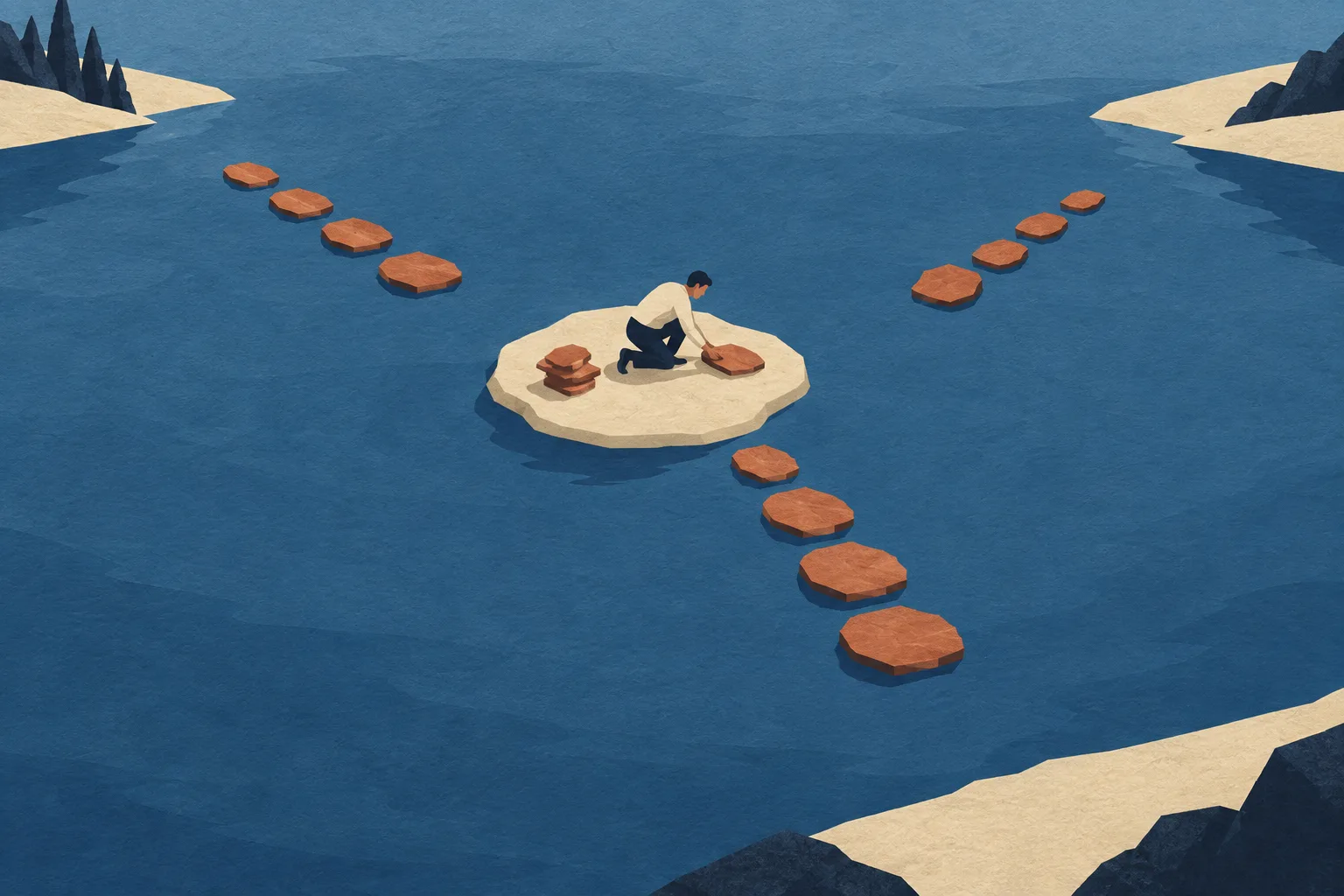 Person on a small island laying stones along three unfinished paths across blue water