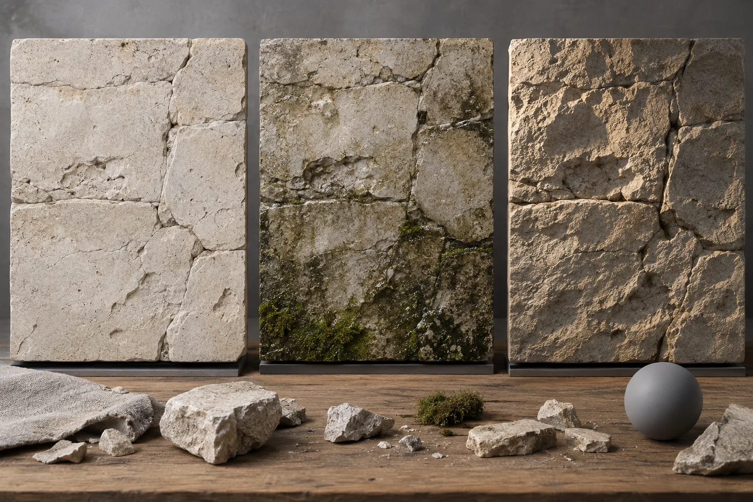 Three limestone material samples showing even, damp, and grazing-light surface studies