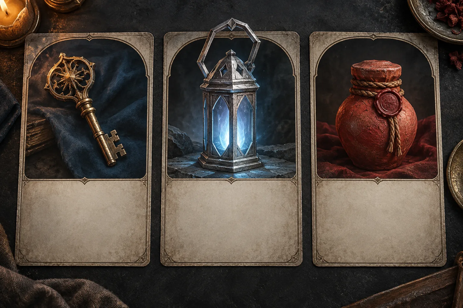 Three blank fantasy item cards featuring a bronze key, blue-lit silver lantern, and sealed clay vessel