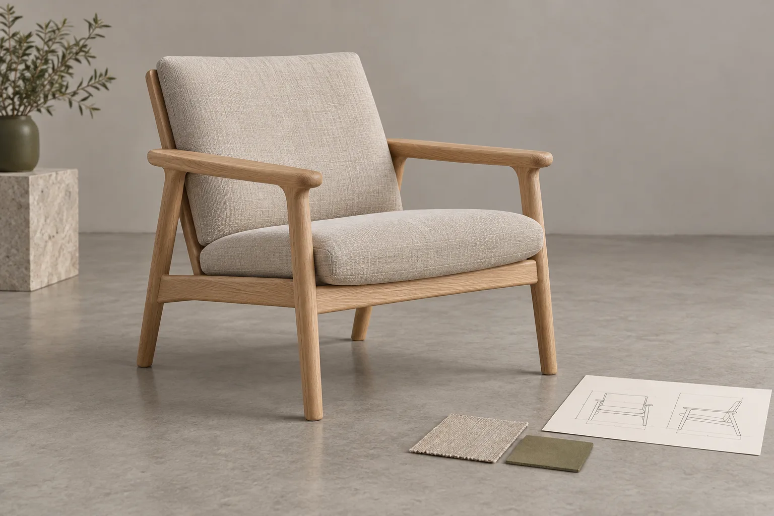 Oak reading chair with linen cushions, four visible supports, a design sketch, and material swatches