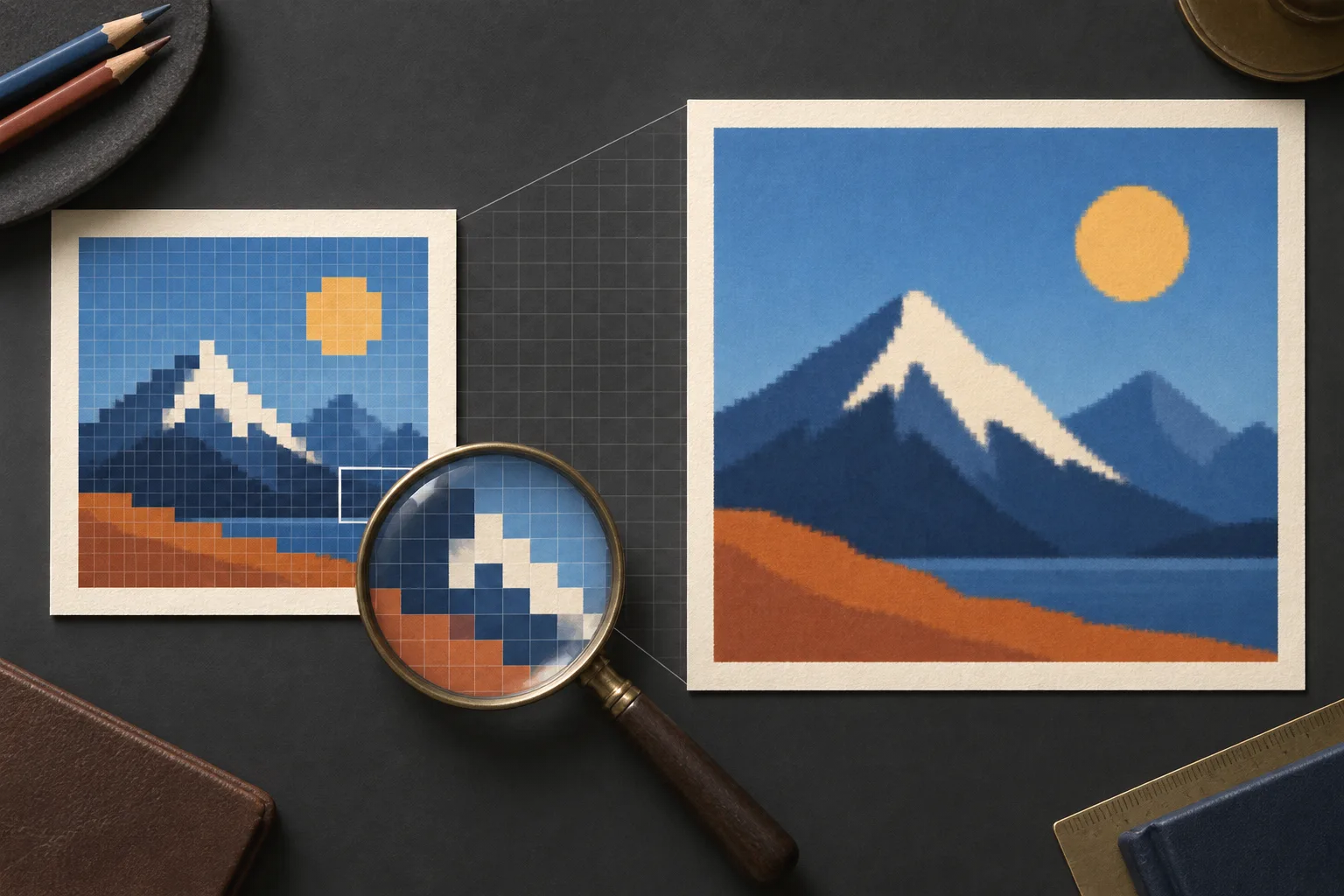 Small pixel-grid mountain image beside a larger interpolated version under a magnifier