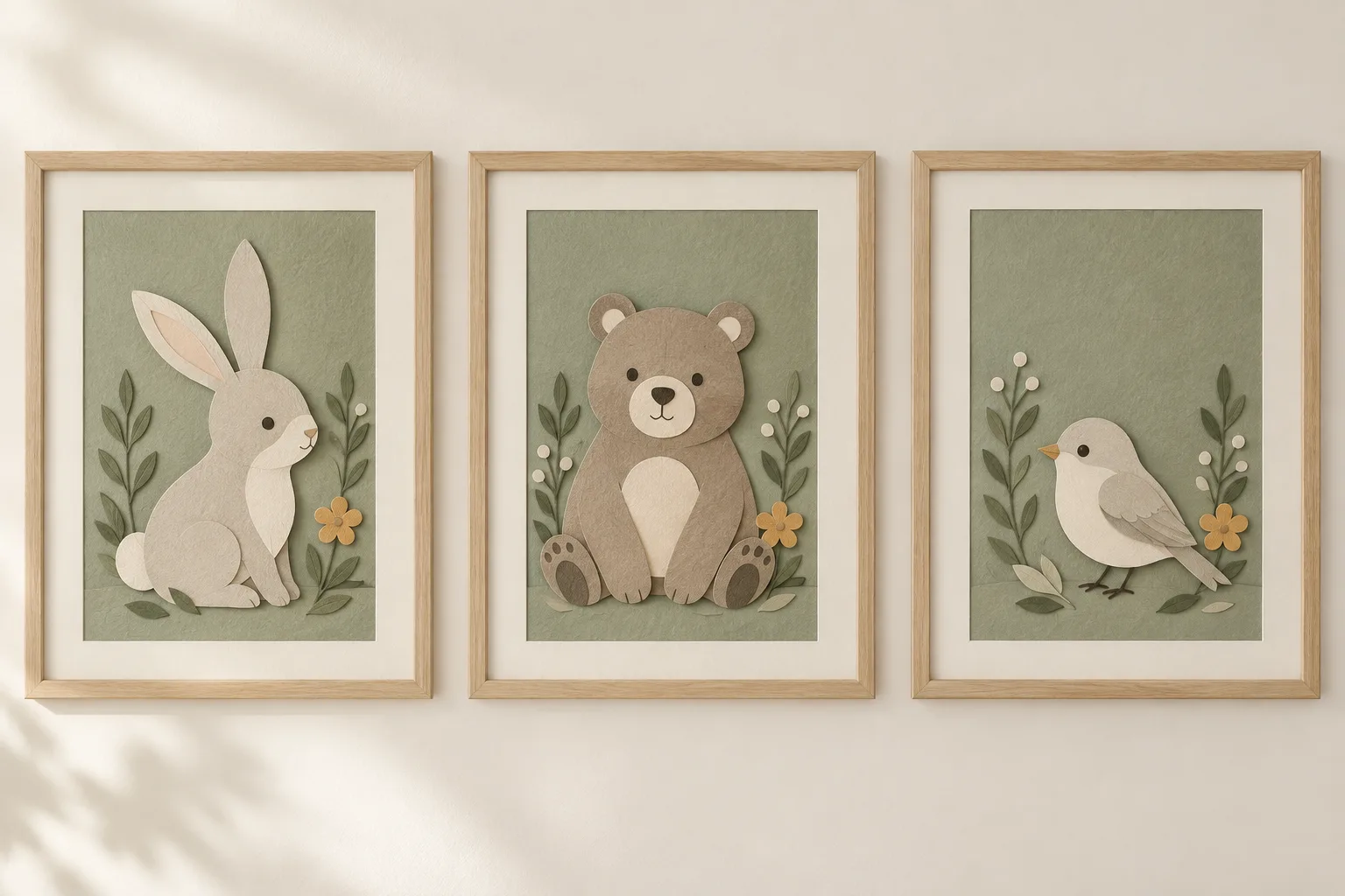Three framed cut-paper nursery illustrations of a rabbit, bear, and bird on sage backgrounds