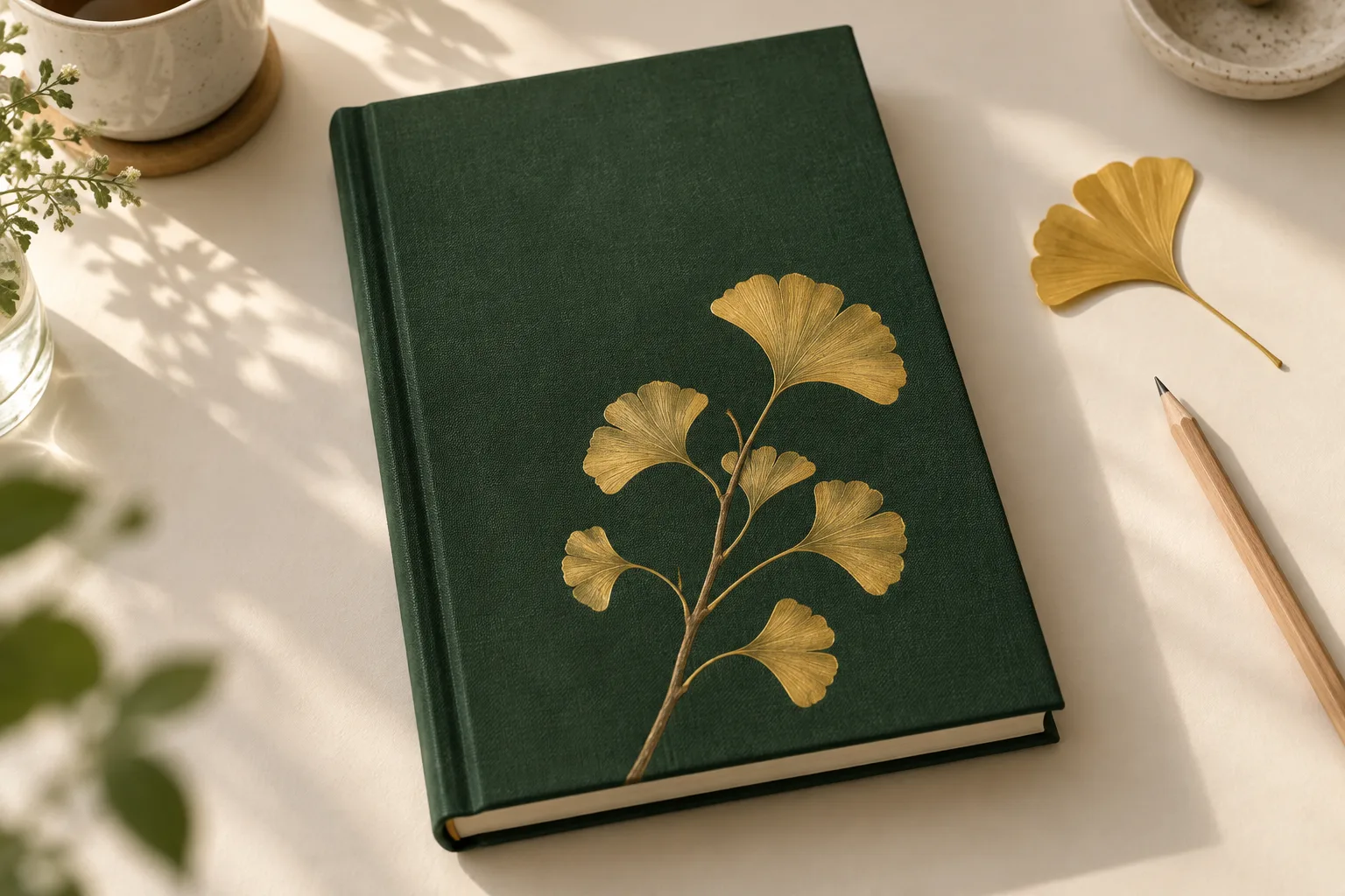 Forest-green journal with a gold ginkgo branch and open space above the motif
