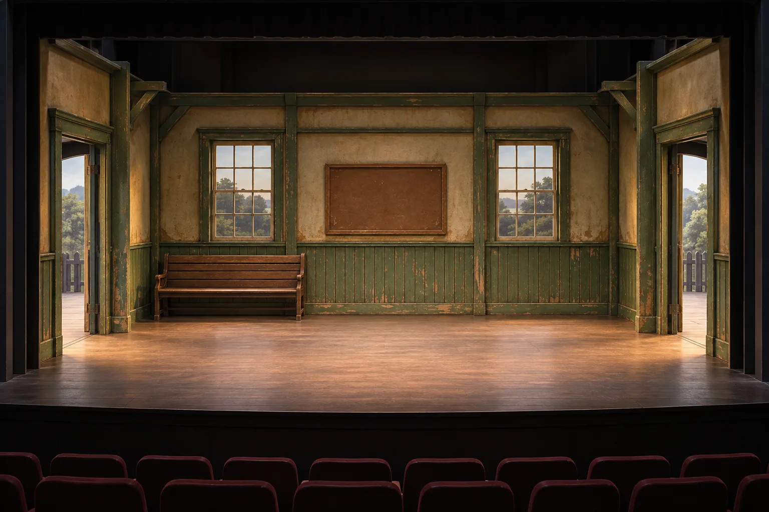 Railway waiting room stage set with two side entrances, a bench, blank board, and open acting space