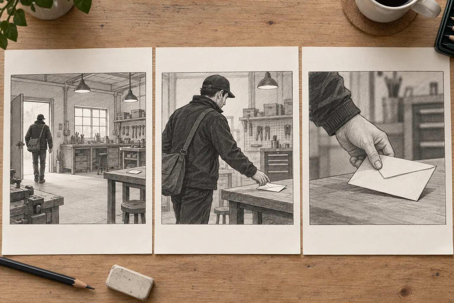 Three grayscale storyboard sheets showing a courier entering a workshop, reaching for an envelope, and lifting it