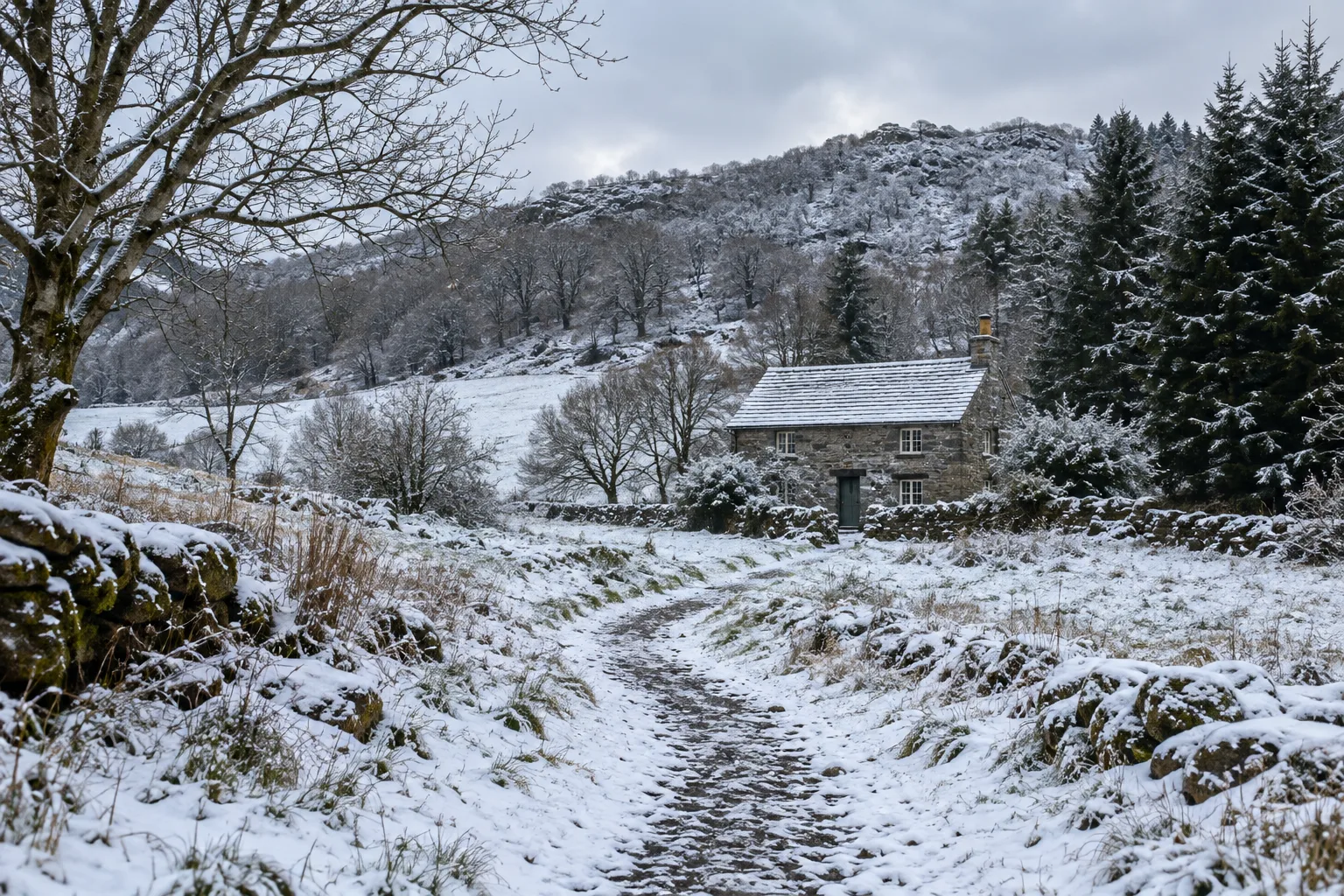 Snow-dusted path leading to a stone cottage beneath a wooded winter ridge