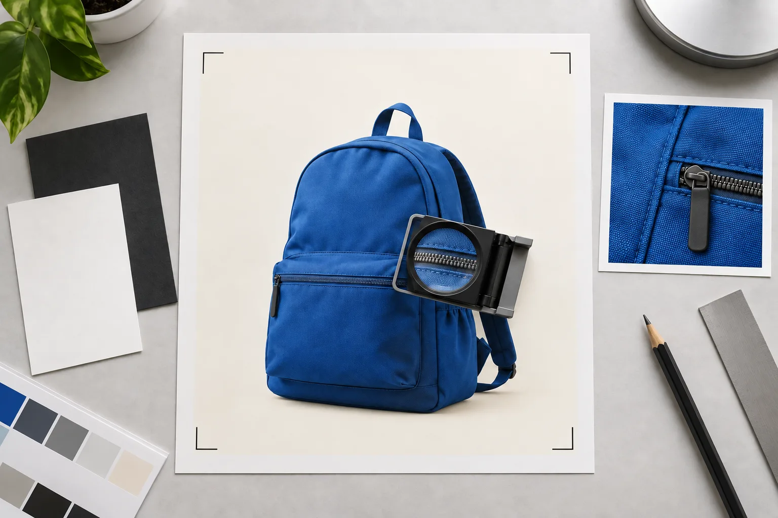 Blue backpack print on a proofing table with loupe, crop guides, detail proof, and edge test cards