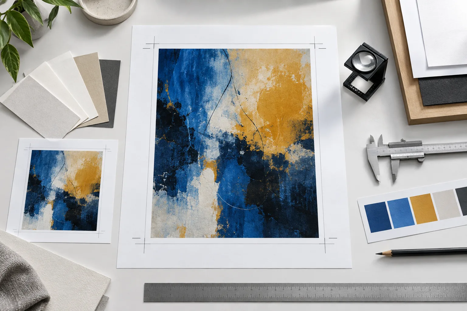 Abstract blue-and-ochre artwork laid out as a print proof with crop guides, paper swatches, loupe, and calipers