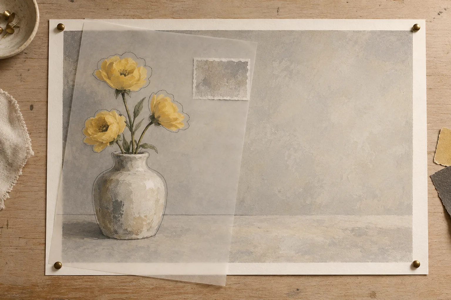 Yellow flower still life under a tracing-paper overlay that preserves the vase position and open space