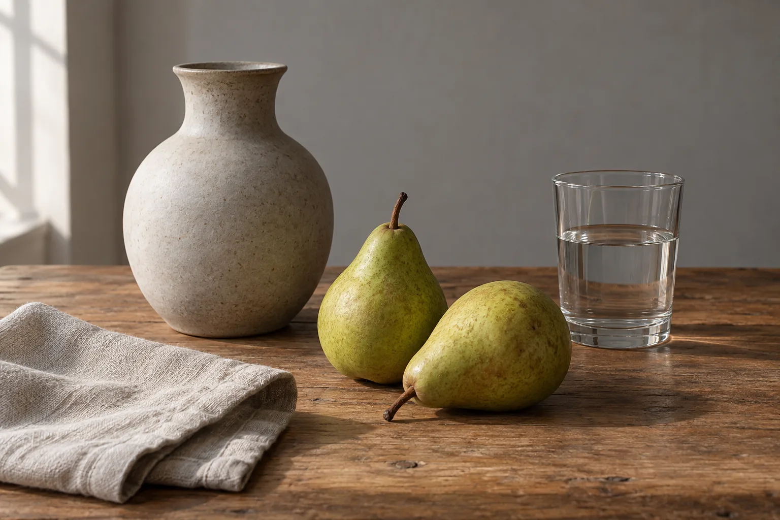 Ceramic vase, two pears, linen cloth, and water glass lit softly from the left
