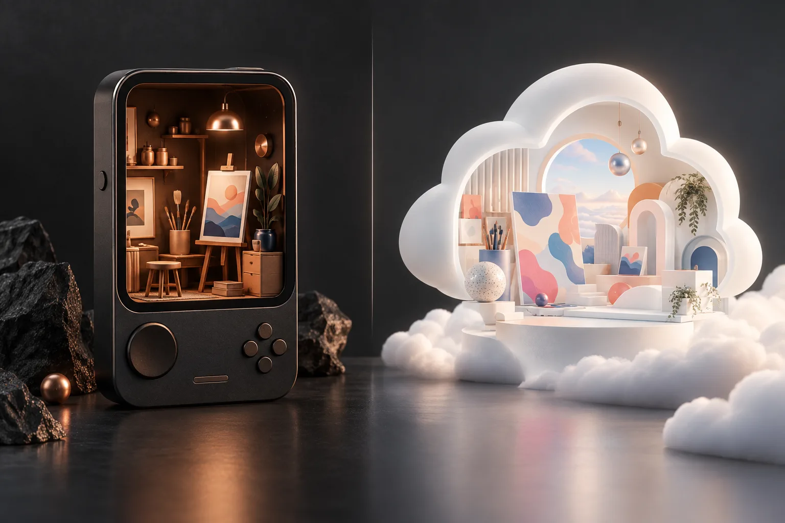 A compact private art studio beside a bright cloud-assisted creative space
