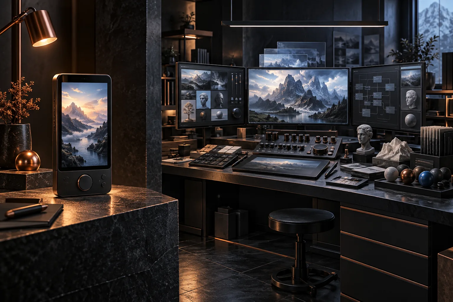 A focused handheld image tool beside a large modular digital art workstation