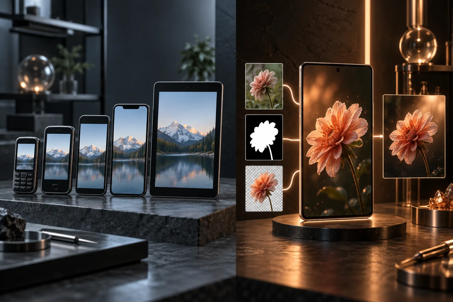 A lineup of compatible devices beside an on-device flower editing workflow