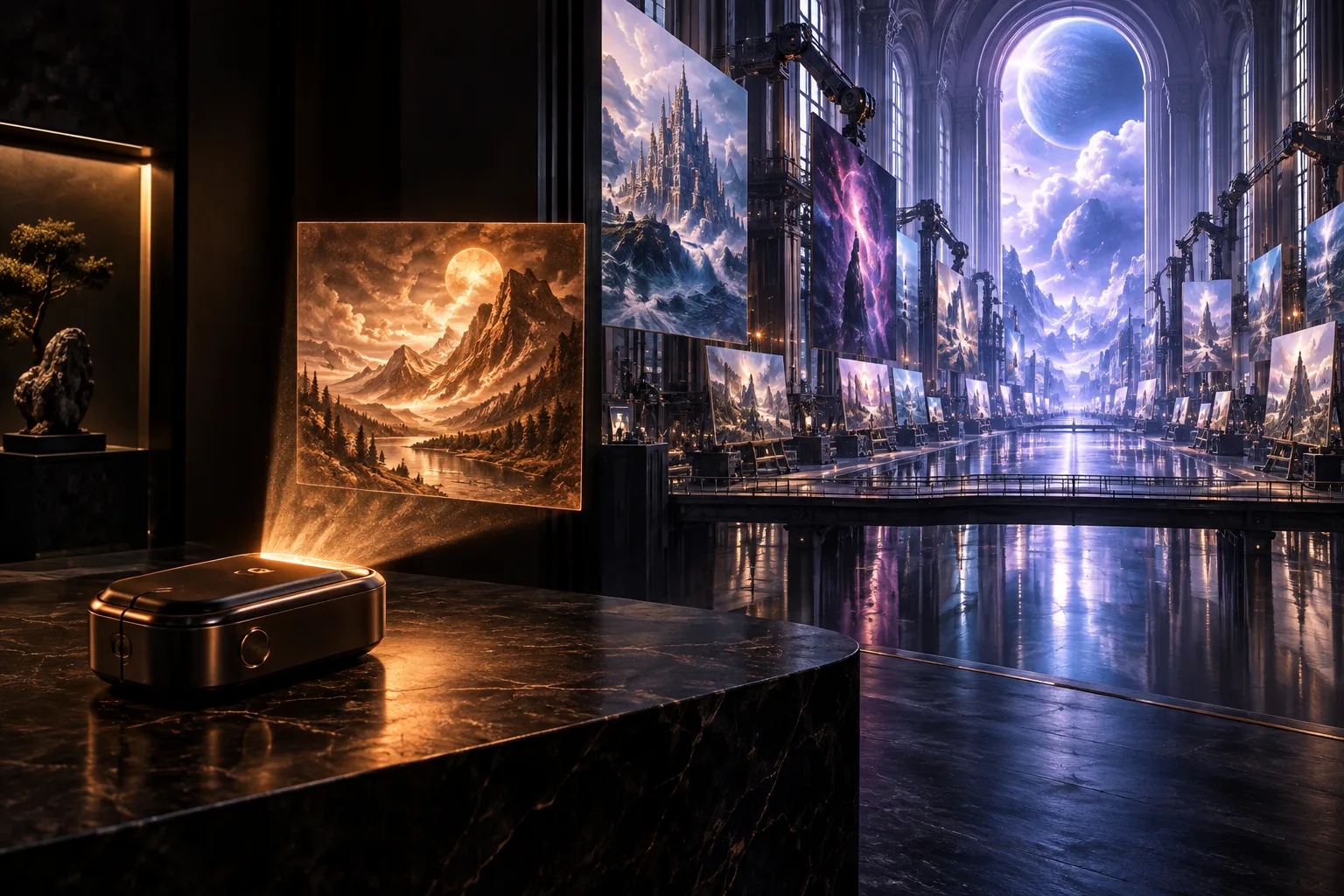 A private pocket image studio facing a vast cloud-scale digital art atelier