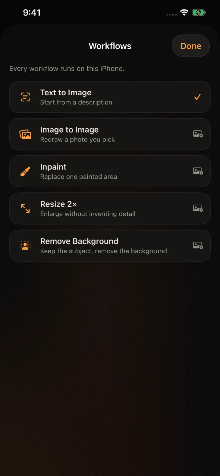 Onhand workflow picker with generation, restyling, inpainting, resize, and background removal