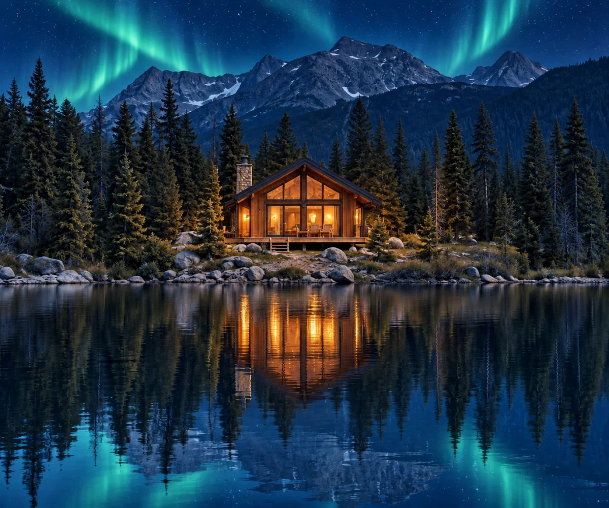 The same cabin restyled as a cinematic night scene beneath an aurora