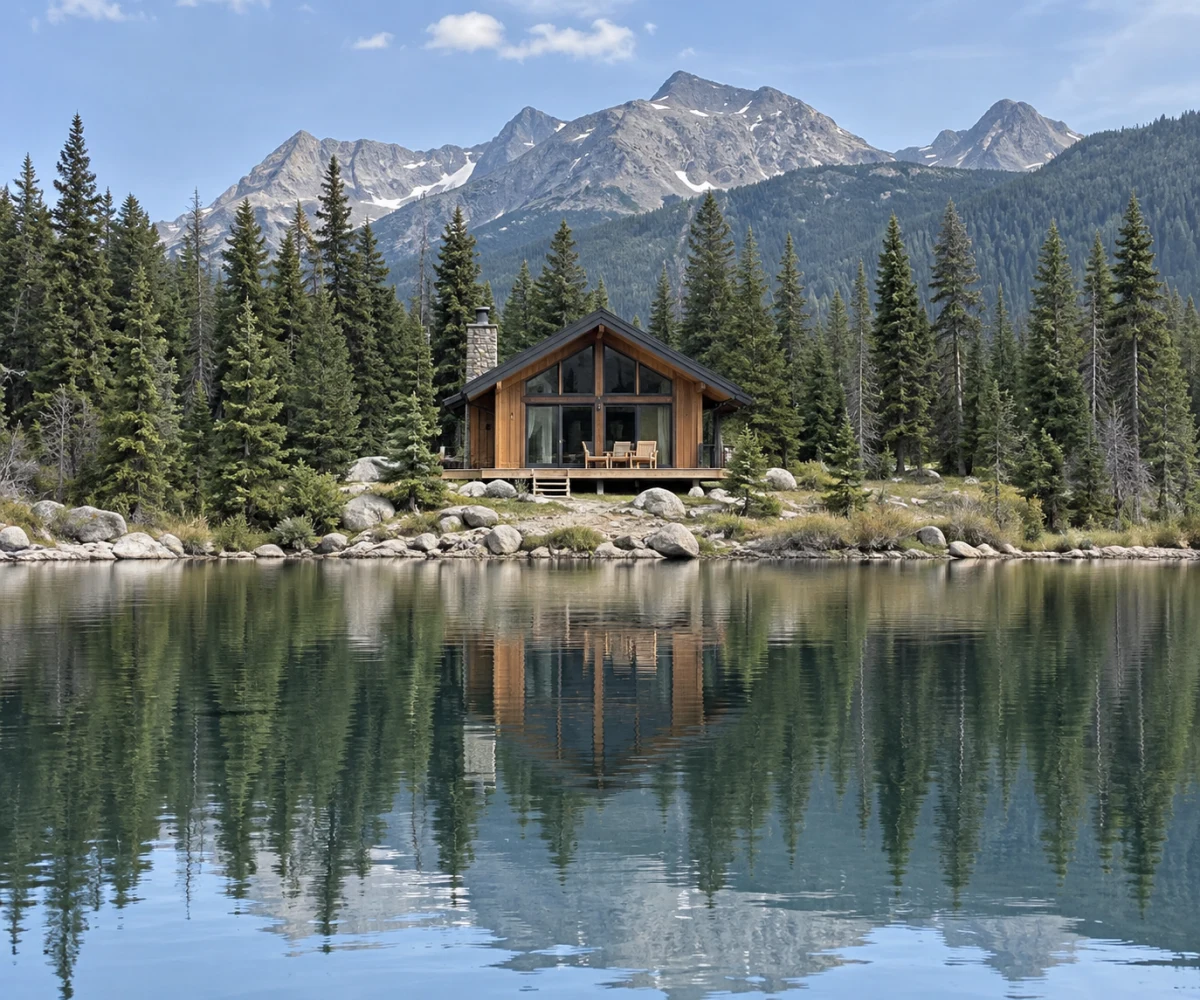 A timber cabin beside an alpine lake in daylight