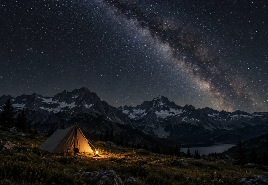 A luminous campsite beneath a dark mountain sky