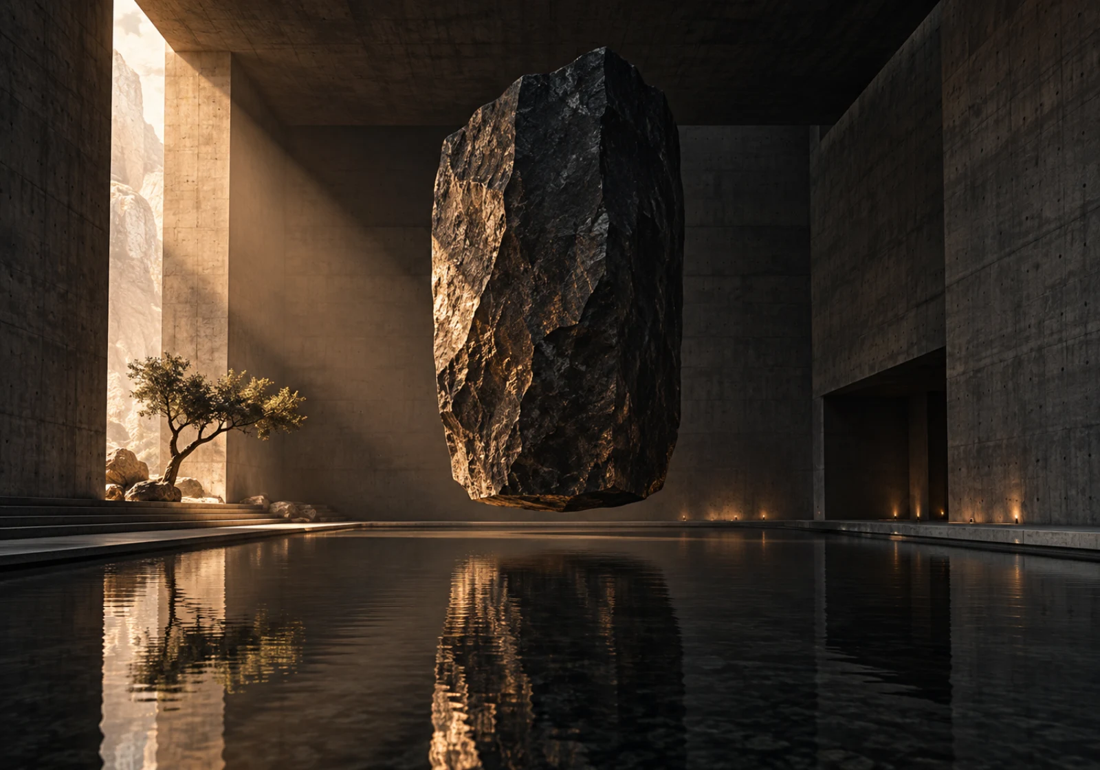 A dark monolith floating in a warm brutalist interior