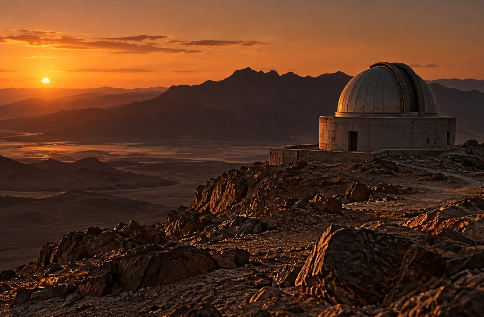 A copper-lit observatory in a mountain desert